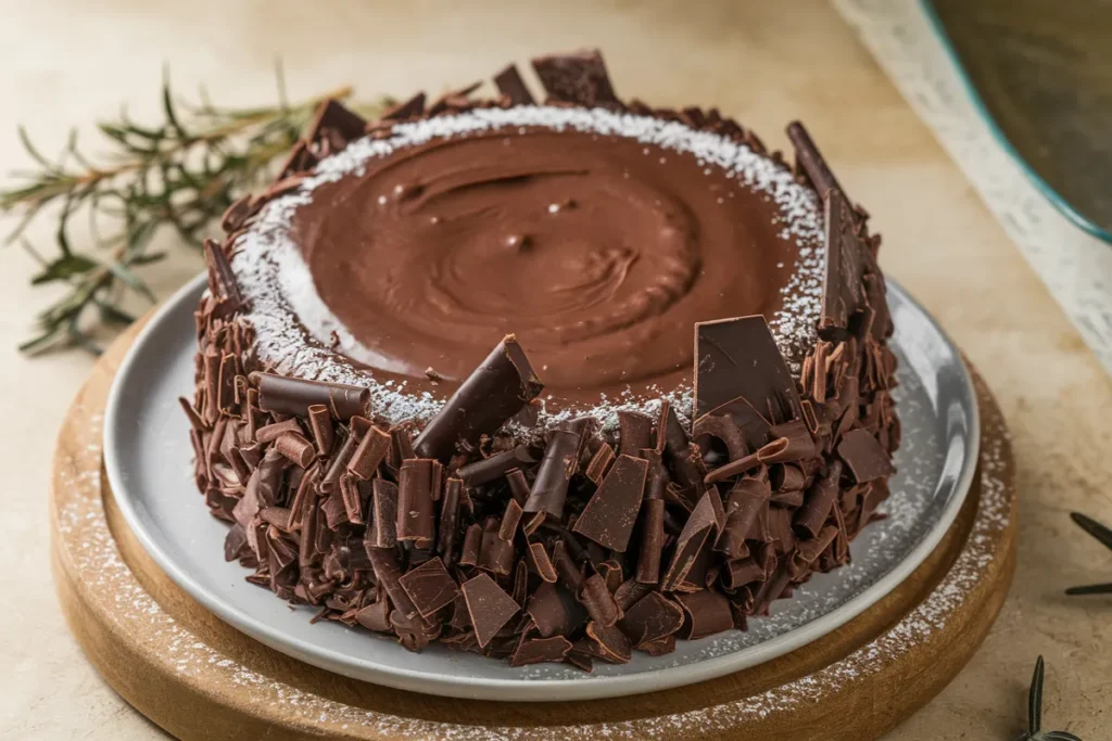 A rich chocolate cake is covered in chocolate shavings and dusted with powdered sugar.