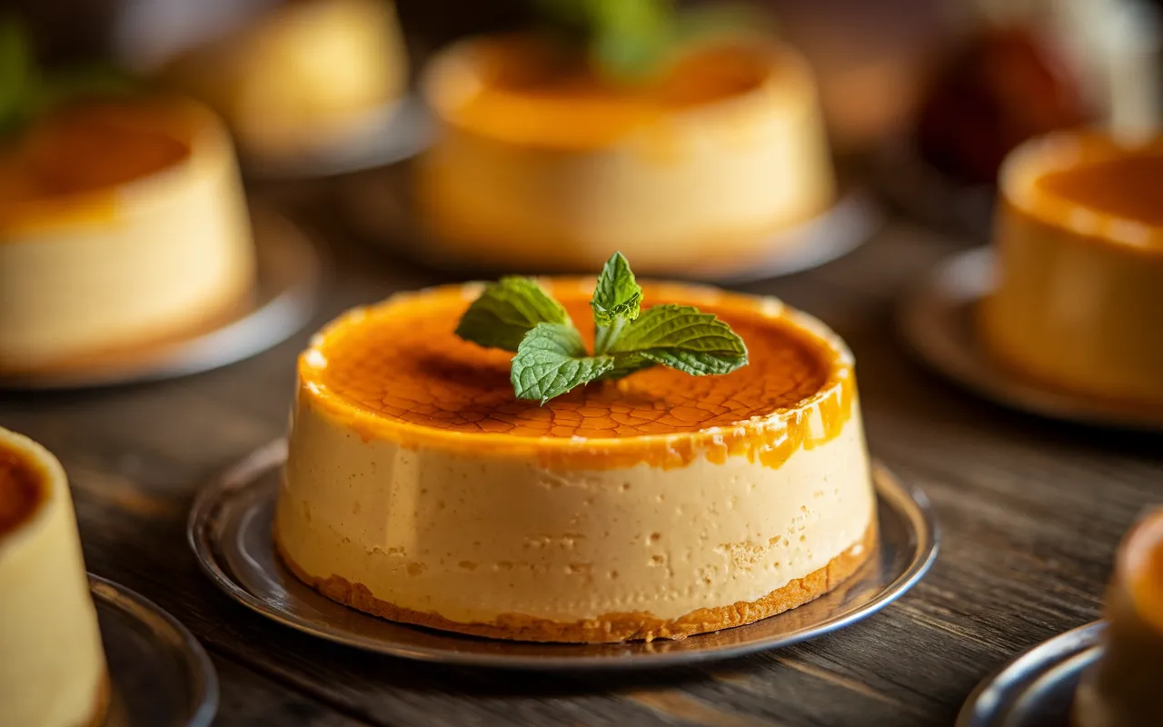 Several small cheesecakes with a burnt orange topping and mint garnish are displayed on a dark wooden table.