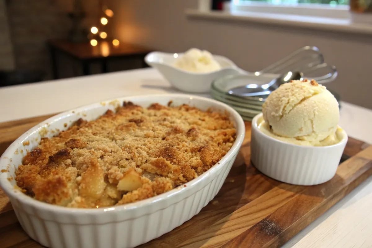 A golden-brown apple crumble sits in a white baking dish beside a small bowl of vanilla ice cream.