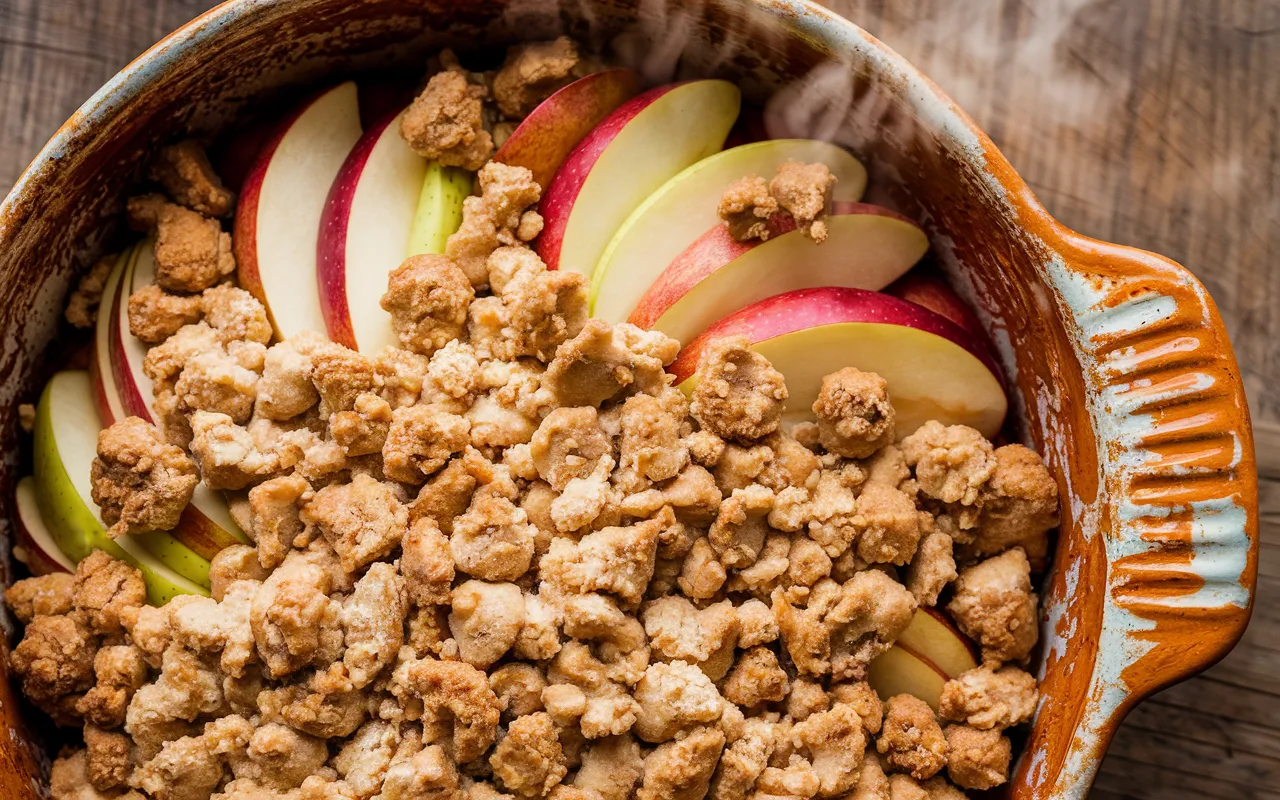 A close-up overhead image of apple crumble in a ceramic baking dish.