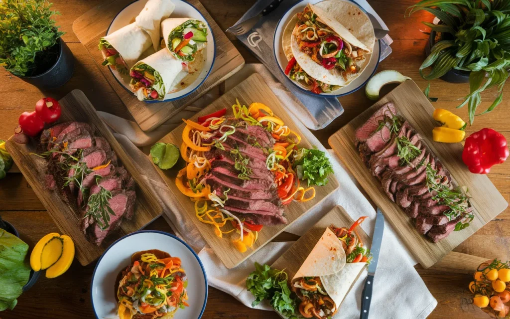 Overhead view of a table spread with various dishes, including sliced steak, vegetable wraps, and tacos.