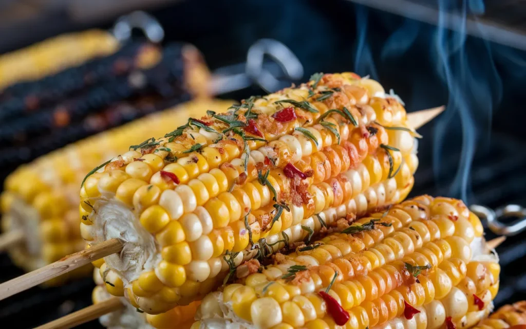 Grilled corn on the cob seasoned with herbs and spices.