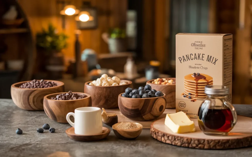 A box of pancake mix sits on a table next to bowls of toppings including chocolate chips, blueberries, and nuts.