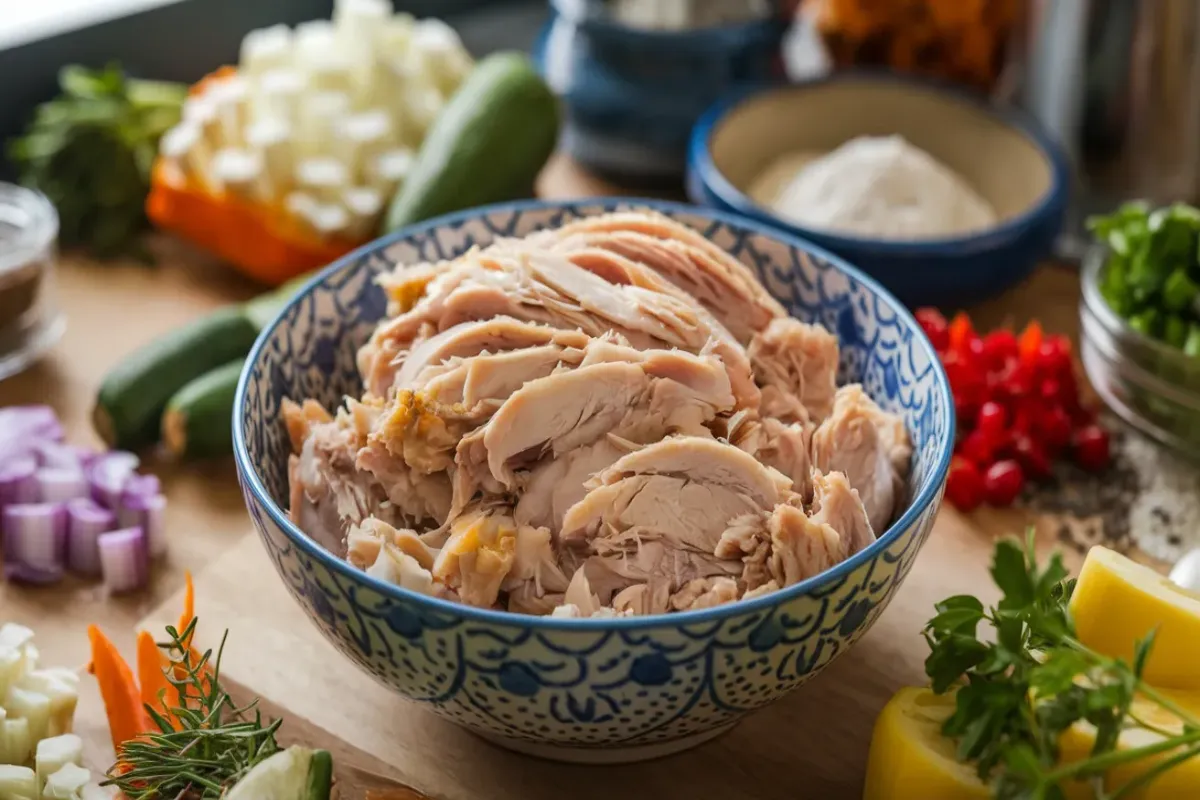 A bowl of shredded chicken sits on a wooden cutting board surrounded by fresh ingredients.