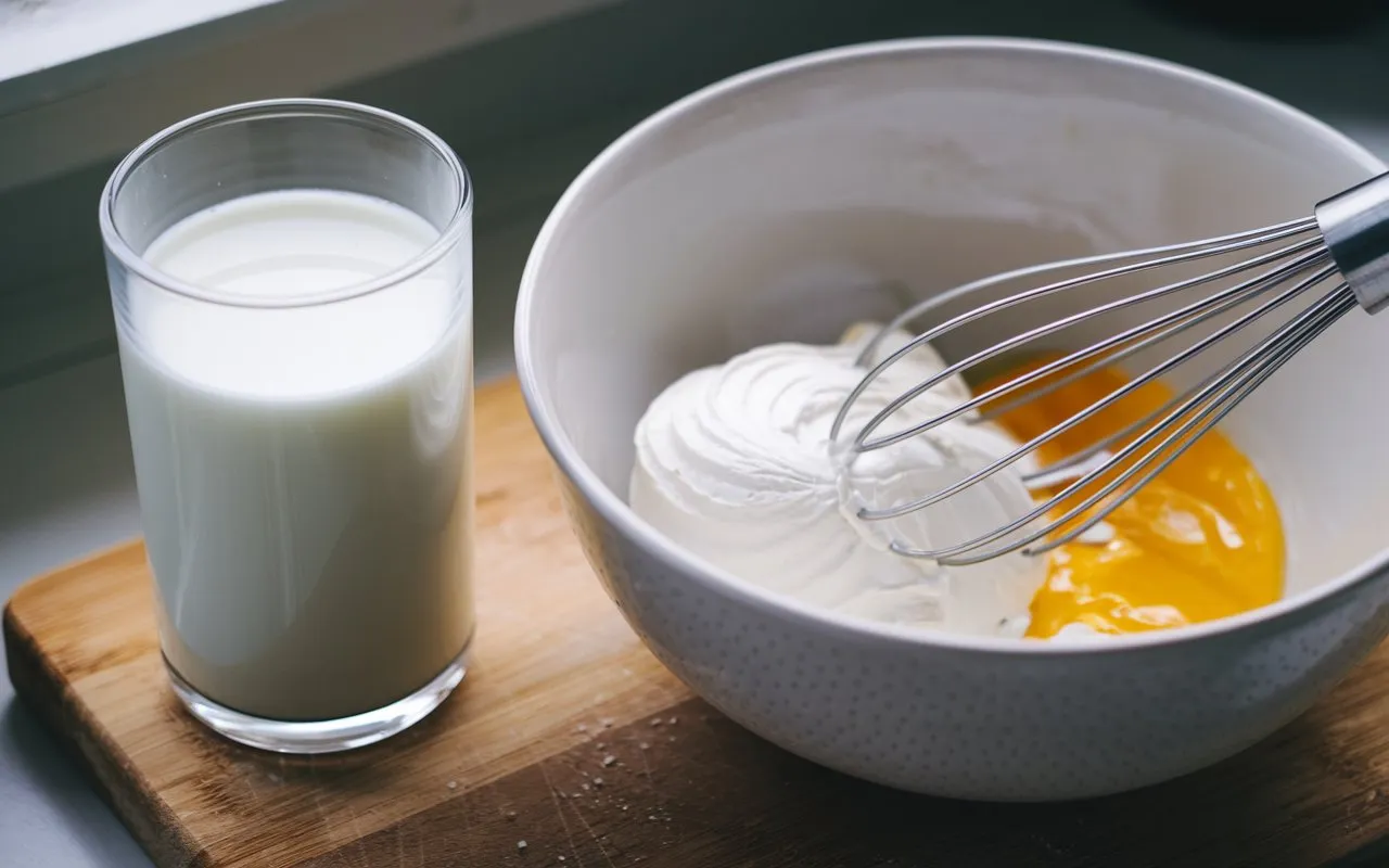 A whisk mixes egg yolks and whipped cream in a white bowl next to a glass of milk.