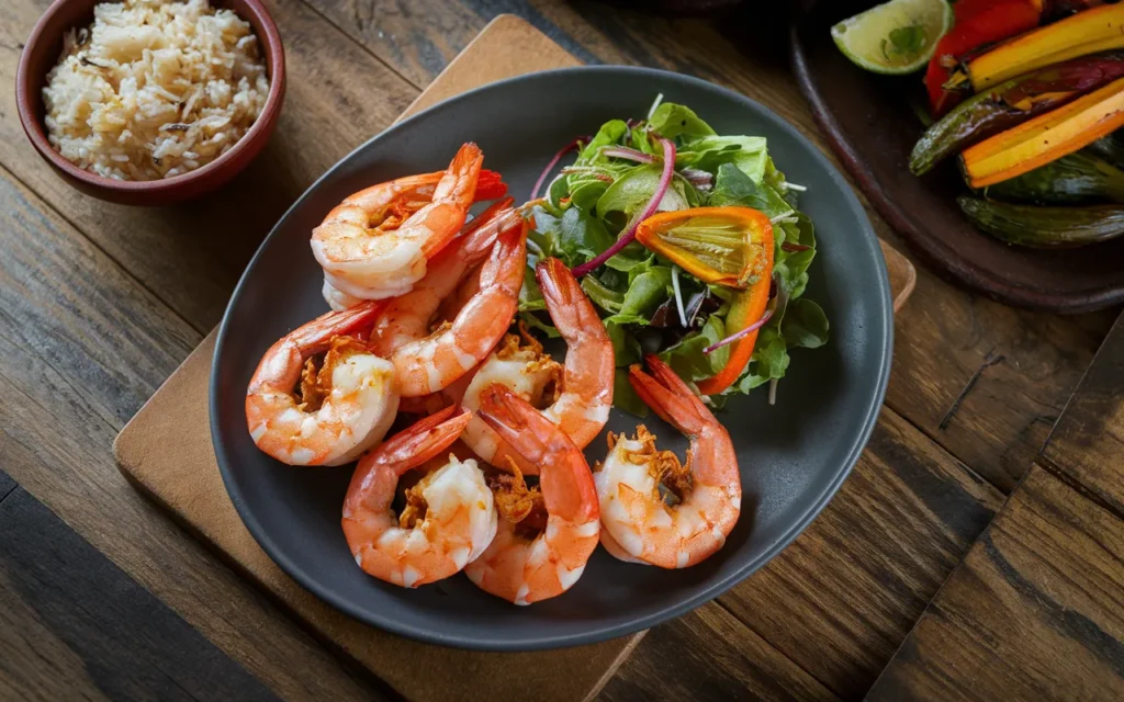 Grilled shrimp are served on a dark plate with a side salad.