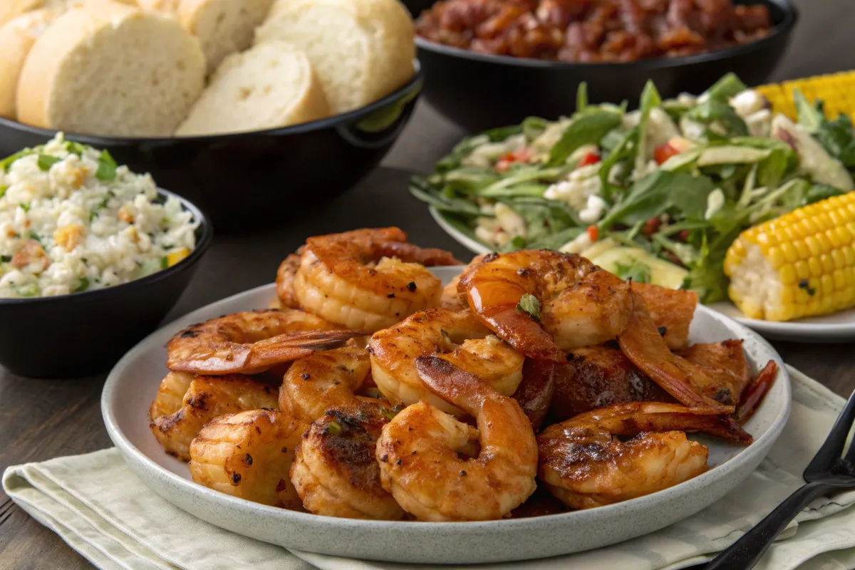 A plate of grilled shrimp is surrounded by side dishes including bread, baked beans, salad, corn on the cob, and rice.