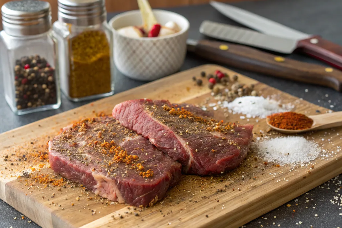 Two raw steaks seasoned with spices sit on a wooden cutting board.