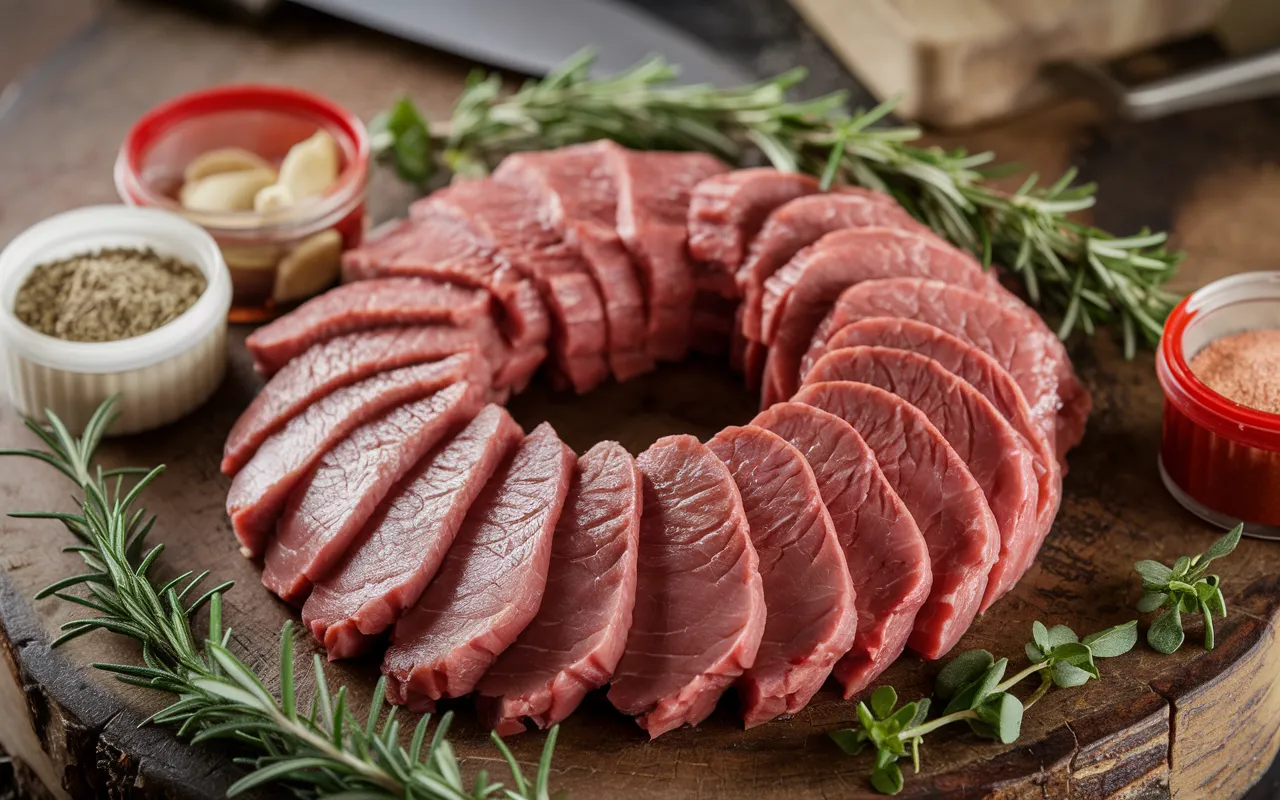 Thinly sliced raw beef is arranged on a wooden cutting board.