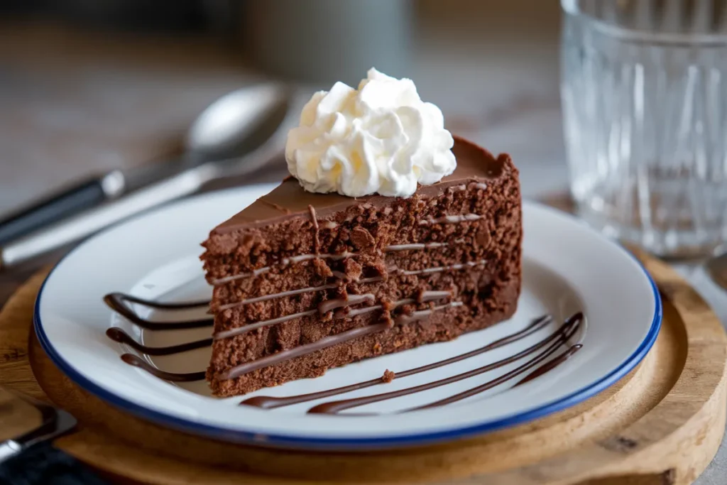 A slice of chocolate cake topped with whipped cream sits on a white plate.