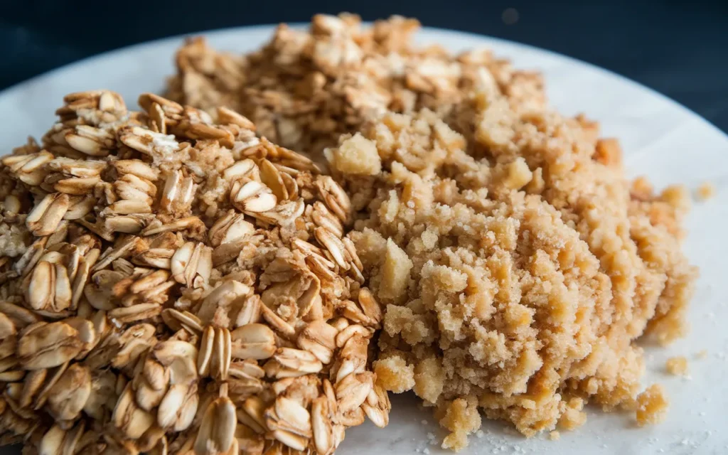 Close-up of clumps of oat crumble topping and streusel topping on a white surface.