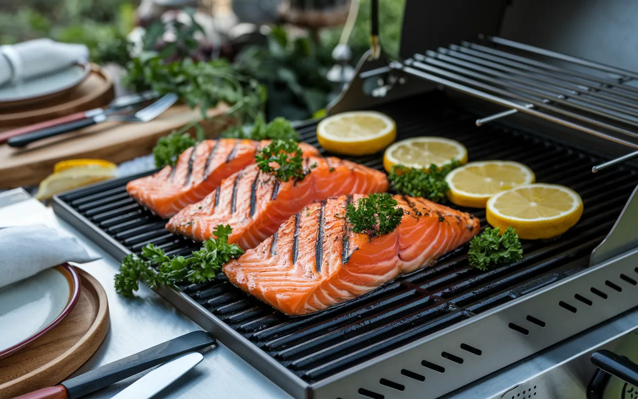 Three salmon fillets and lemon slices cook on an outdoor grill.