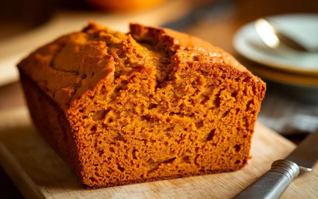 A loaf of freshly baked pumpkin bread sits on a wooden cutting board.