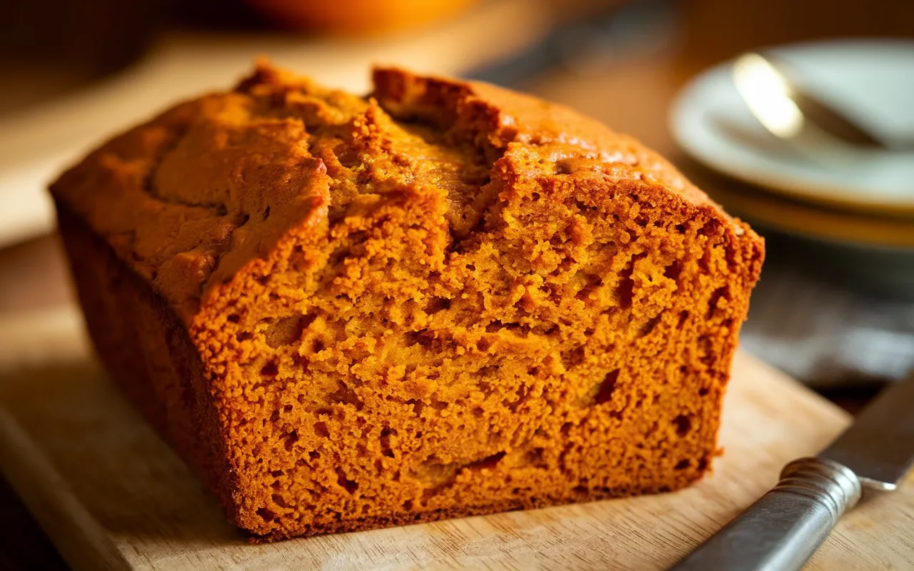 A loaf of freshly baked pumpkin bread sits on a wooden cutting board.