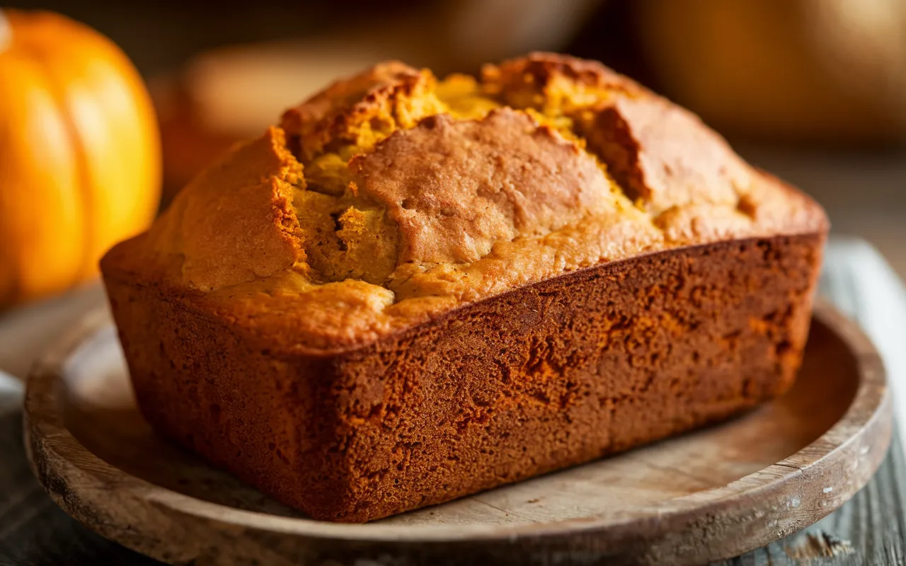 Pumpkin bread on a wooden plate.