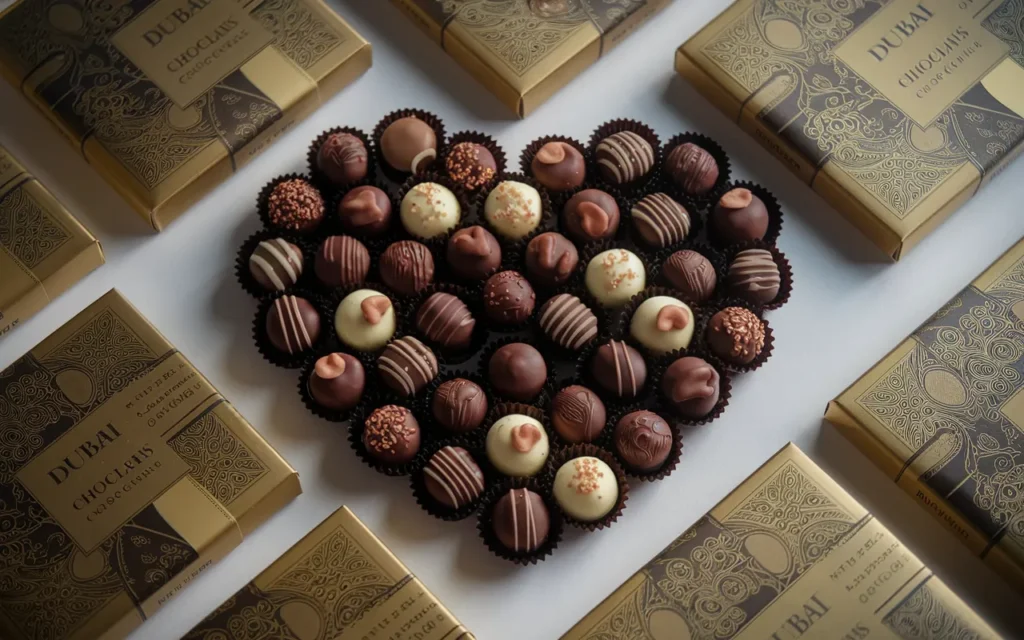 An assortment of milk and white chocolate truffles are arranged in a heart shape on a white surface, surrounded by gold chocolate boxes.