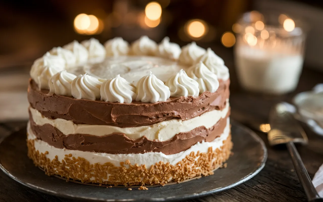 A layered chocolate and vanilla cake with piped frosting and toasted coconut sits on a metal plate.