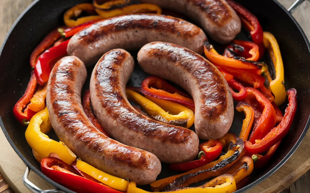 Four grilled sausages are arranged on a bed of sliced bell peppers in a black skillet.