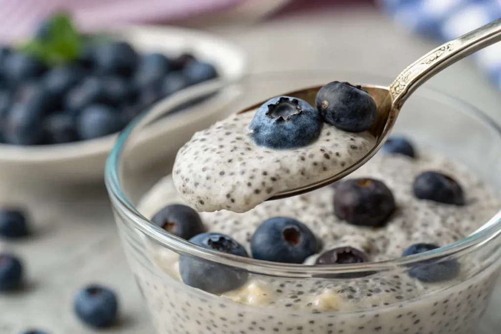 A spoon lifts chia seed pudding and blueberries from a small glass bowl.