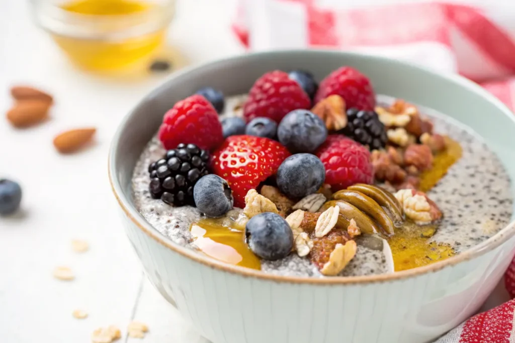 A bowl of chia seed pudding topped with fresh berries, nuts, granola, and a drizzle of honey.