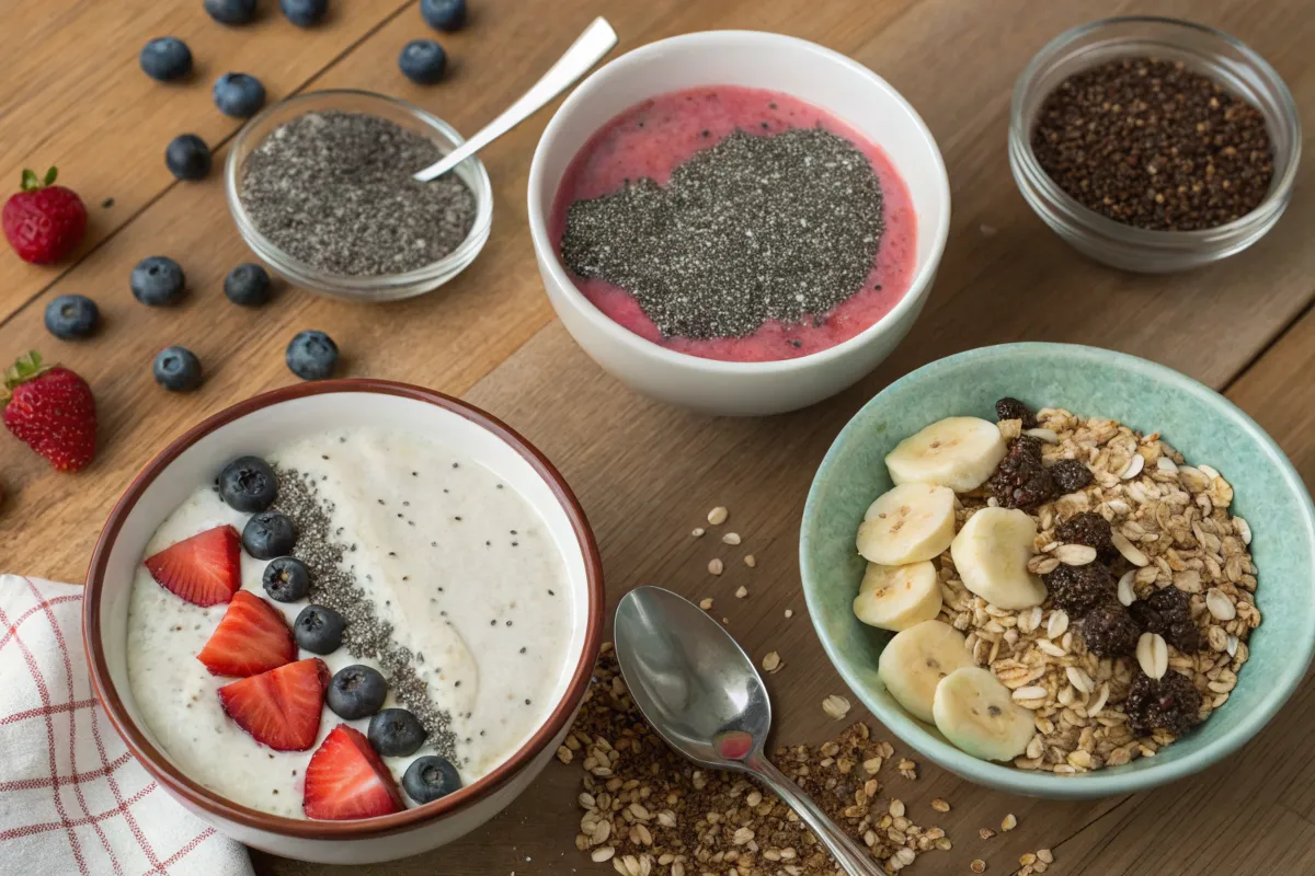 Three bowls containing a variety of healthy breakfast foods sit on a wooden table.