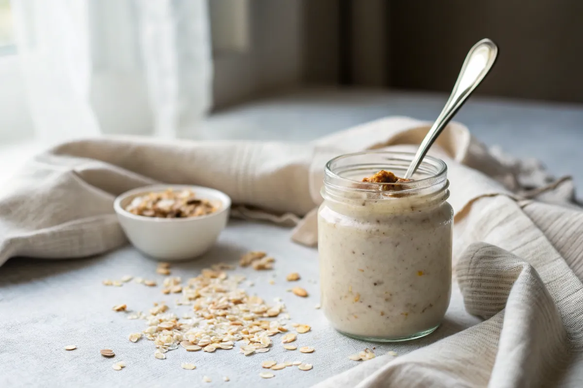 A jar of overnight oats sits on a table near a small bowl of granola and loose oats.