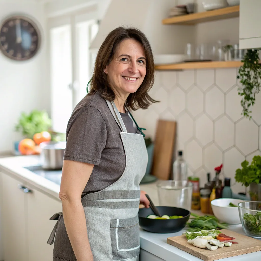 A woman smiles at the camera while cooking vegetables in a pan in her kitchen.