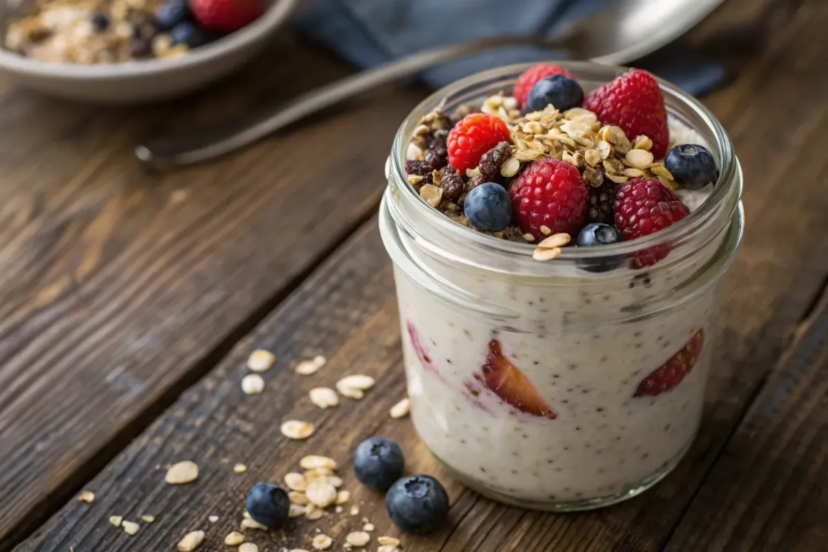 Delicious overnight oats recipe with fresh fruit and nuts.