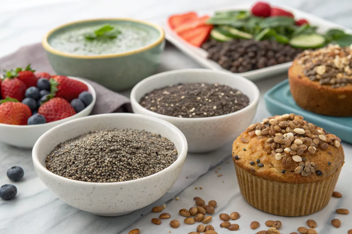 Bowls of chia seeds, muffins, berries, and a green smoothie are arranged on a table.