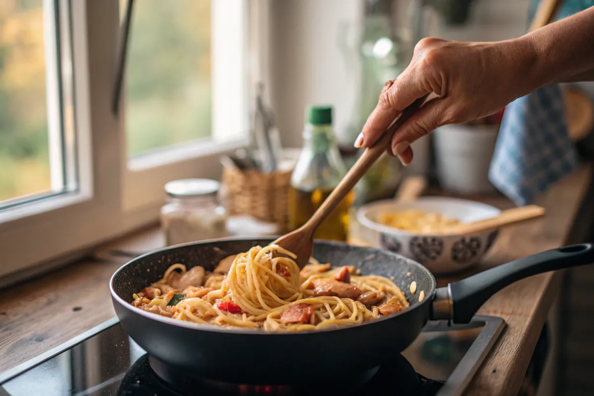 A person stirs spaghetti with chicken and vegetables in a frying pan on a stovetop.