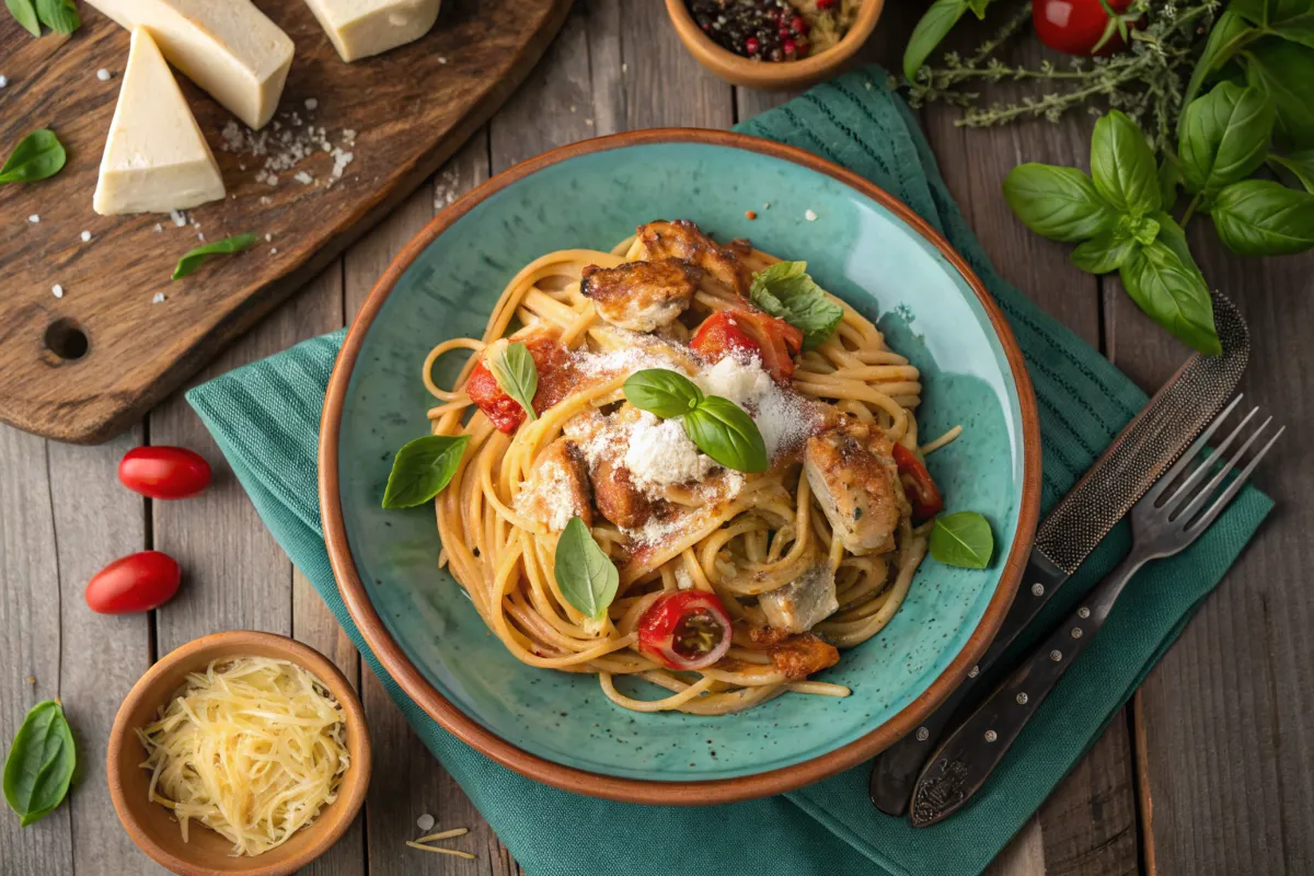 Spaghetti with chicken, tomato sauce, and basil is served on a teal plate.